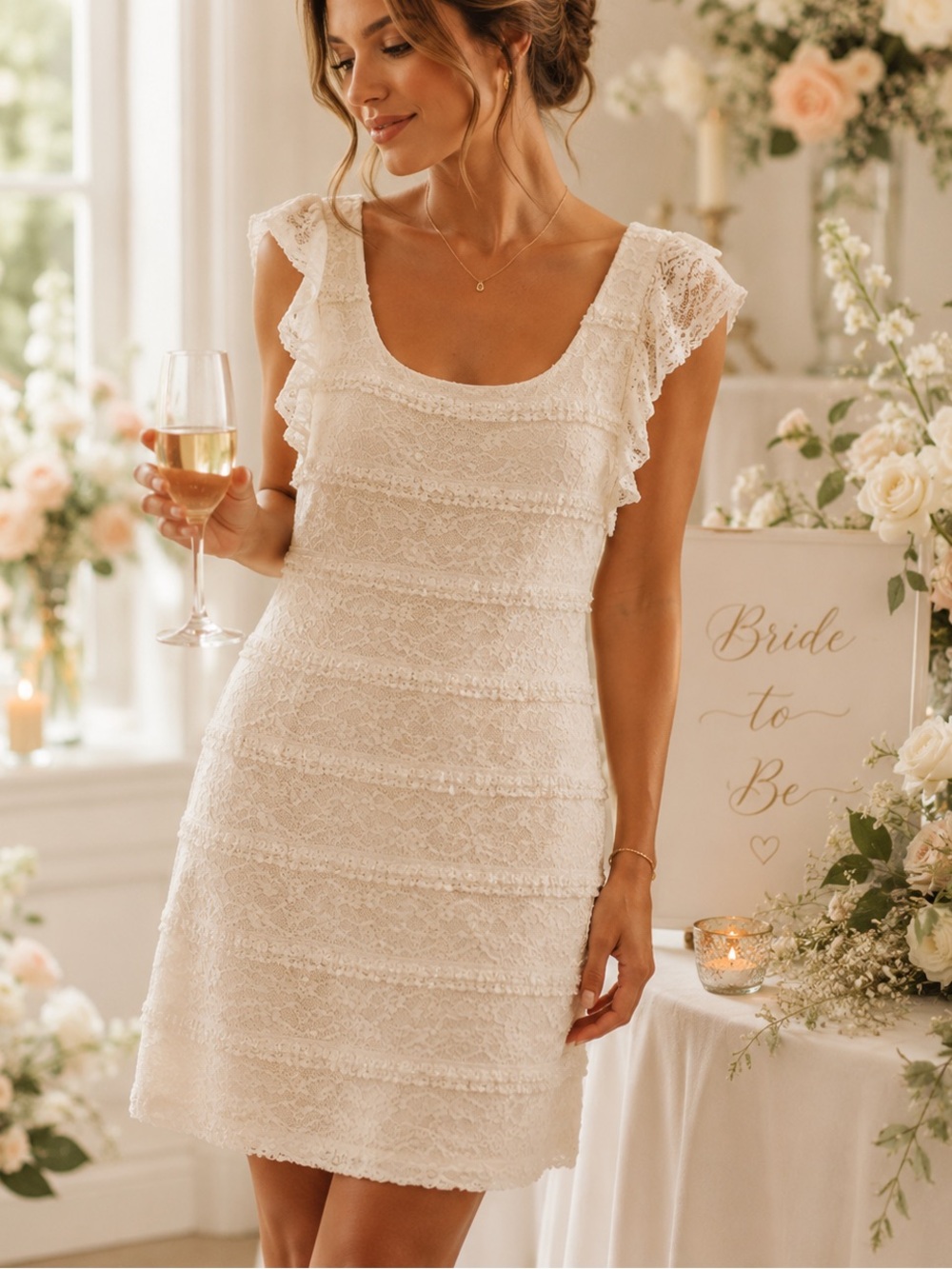 Guess bodycon ruffle lace ivory lined dress size medium